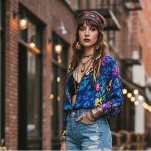 🍓 Original Anthony Top L Rainbow Electric Colorful Brocade Embroidered Festival